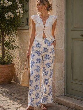 Blue Toile Print Linen Blend Straight Leg Pants Coastal Grandma Euro Summer Chic
